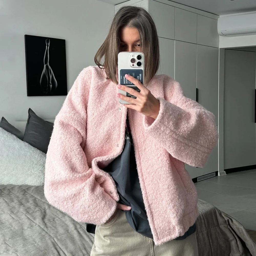 

Pink Short Fur Jacket Coat For Women Autumn Winter Casual Stand Collar Pocket Loose Fashion Long Sleeve Jacket Top Female