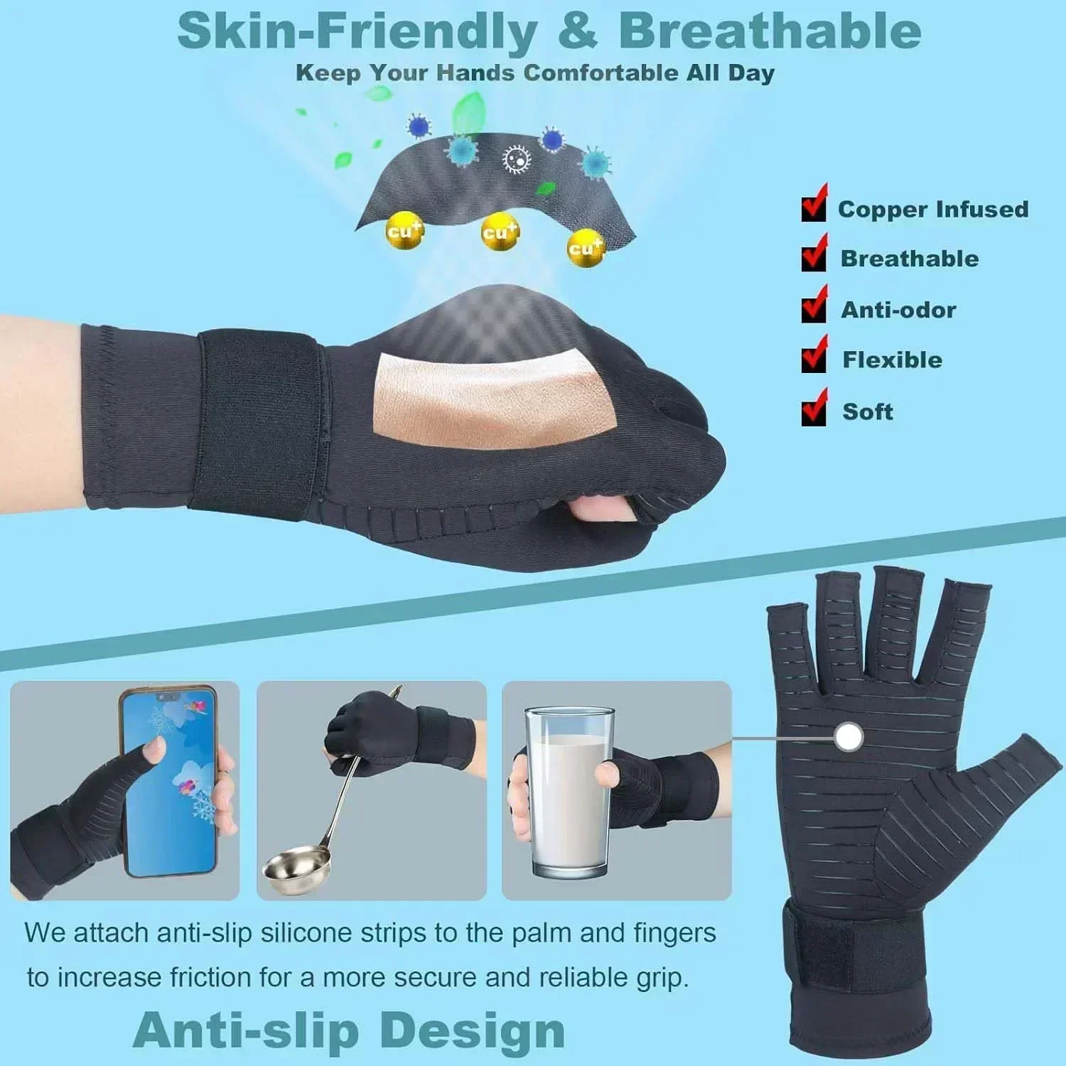 Copper Infused Arthritis Gloves Fingerless Compression Gloves for Hand Pain Carpal Tunnel Rheumatoid Tendonitis Muscle Unisex view 3