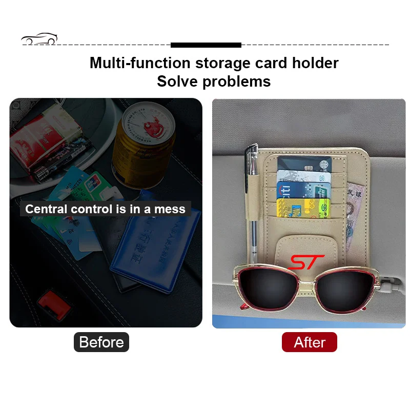 Car Sun Visor Organizer Multi-Pocket Card Glasses Storage Holder for ST Logo Ford FOCUS Mondeo Fiesta Kuga MK2 MK3 car organizer