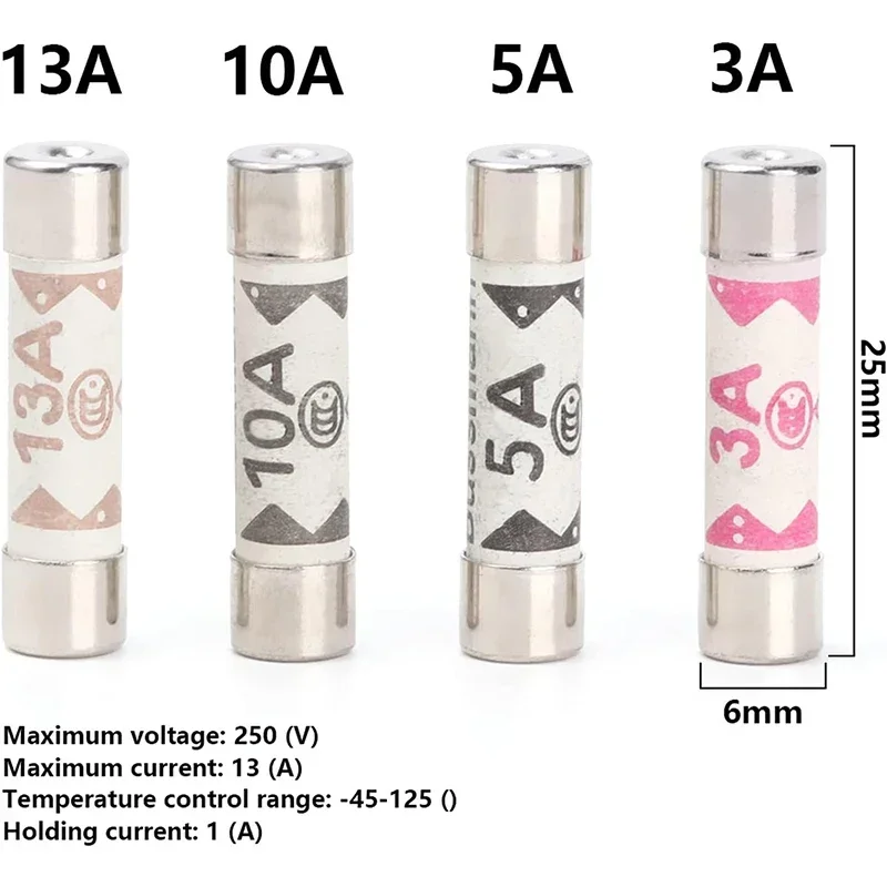 100PCS BS1362 British Fuse 1A 2A 3A 5A 10A 13A 15A 20A Ceramic Fuse Domestic House Hold Mains Plug Cartridge Fuses 6*25mm