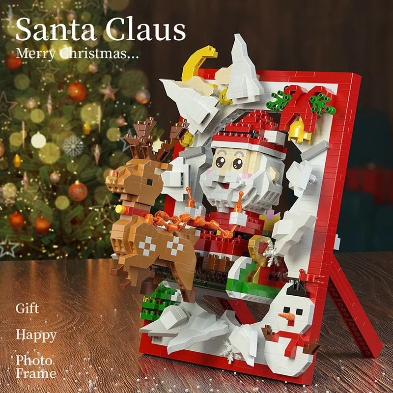 Winter Christmas Village Creative Santa Claus Picture Frame Table Decoration Micro Building Blocks Bricks Toys Gifts