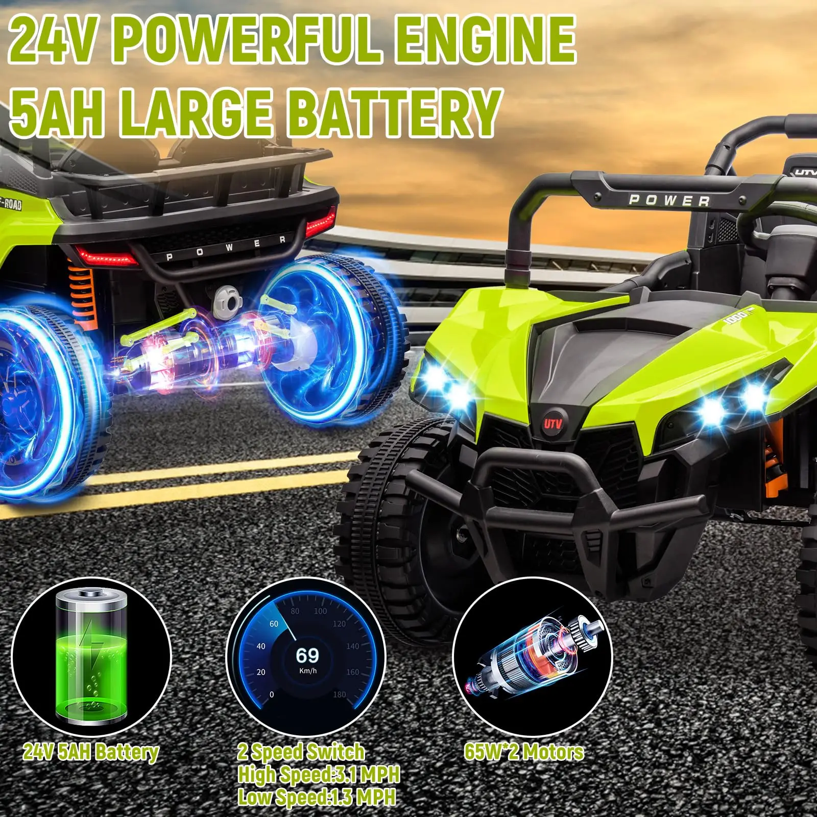 Ride On Car Toy With Remote Control, 24V Electric UTV With Suspension, Music and Light For Boys Girls 3-8