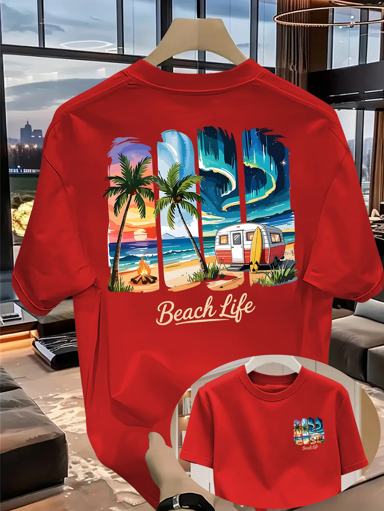 2026 Herren Sommer Strand T-Shirt 100% Baumwolle „Beach Life“ Palmen- und Wohnmobil-Print Damen Freizeit-Urlaubs-Top – Detail 8