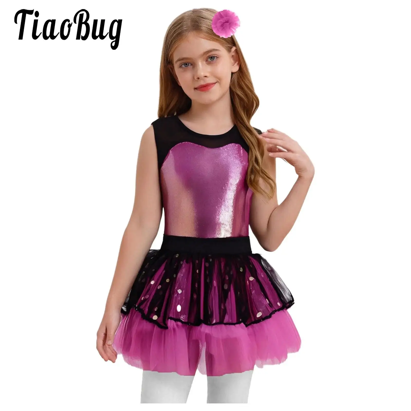 

Girls Tutu Dance Tulle Ballet Dress for Party Stage Performance Sleeveless Mesh Patchwork Metallic Bodice Dress with Headwear