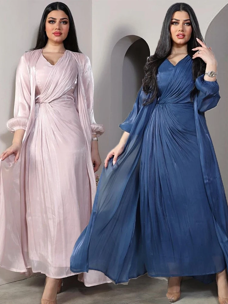 Marokko Party kleid Frauen Abaya 2 Stück Set seidig Satin Dubai muslimische Kleider Eid Kaftan Abend lange Robe Vestidos Abayas Robe