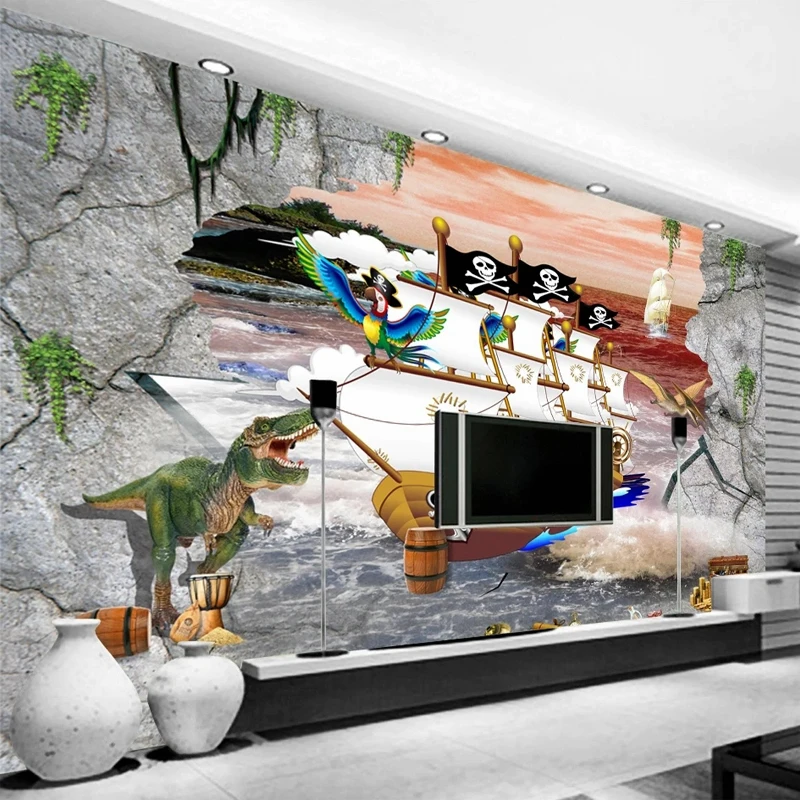 Custom 3D Photo Broken Wall Cartoon Pirate Ship Dinosaur Wallpaper for Kids Bedroom Living Room Home Decoration Waterproof Mural