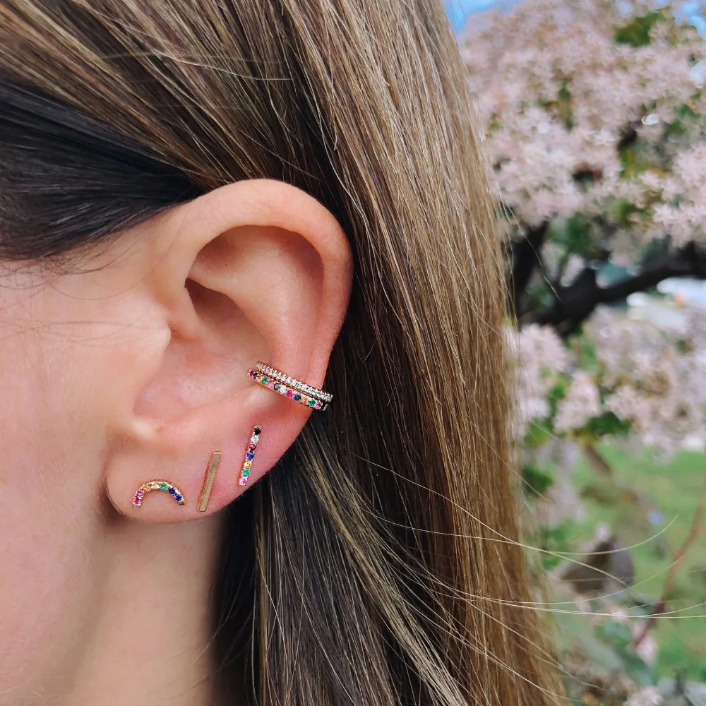 

925 Sterling Silver Micro Pave Rainbow Cz Fine Jewelry Geometric Round Circle Cz Bar Stud Multi Piercing Dainty Vermeil Earring