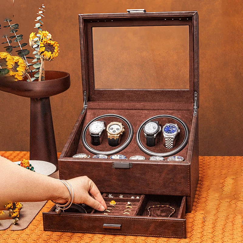 Leather 4+6 Watch Winders Automatic Movement Watch Winder Double-layer Jewelry Storage Box Mechanical Watches Organizer Case
