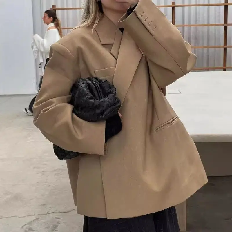 

Loose Fit Commuter Autumn Winter Tailored Jacket with Pocket for Women Elegant Style Pure Linen Long Sleeve Single Button