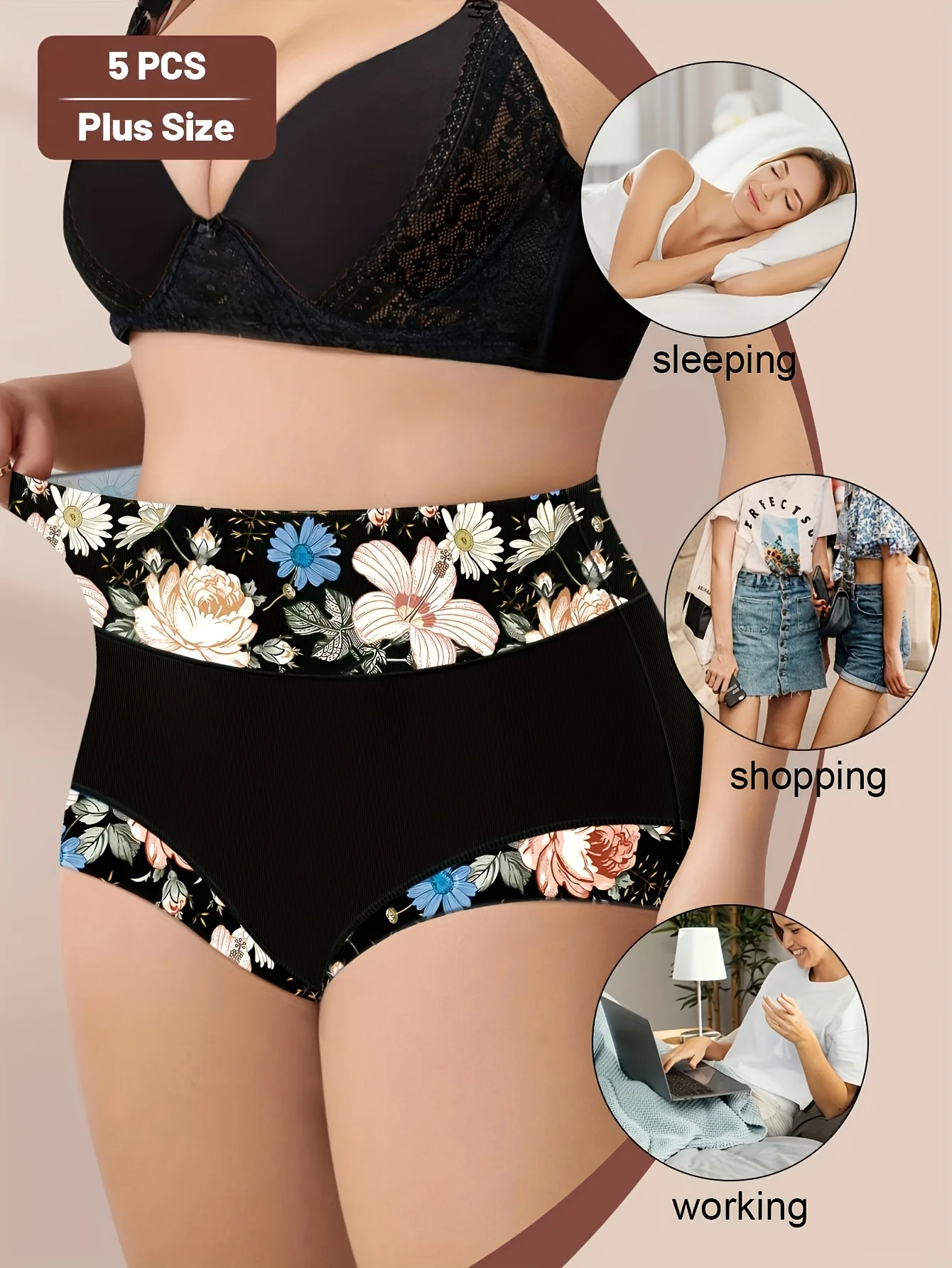 Pack of 5 Plus-Size High-Waisted Women'S Underwear with Tummy Control And Lift, Featuring a Comfortable Fit And Printed Design.