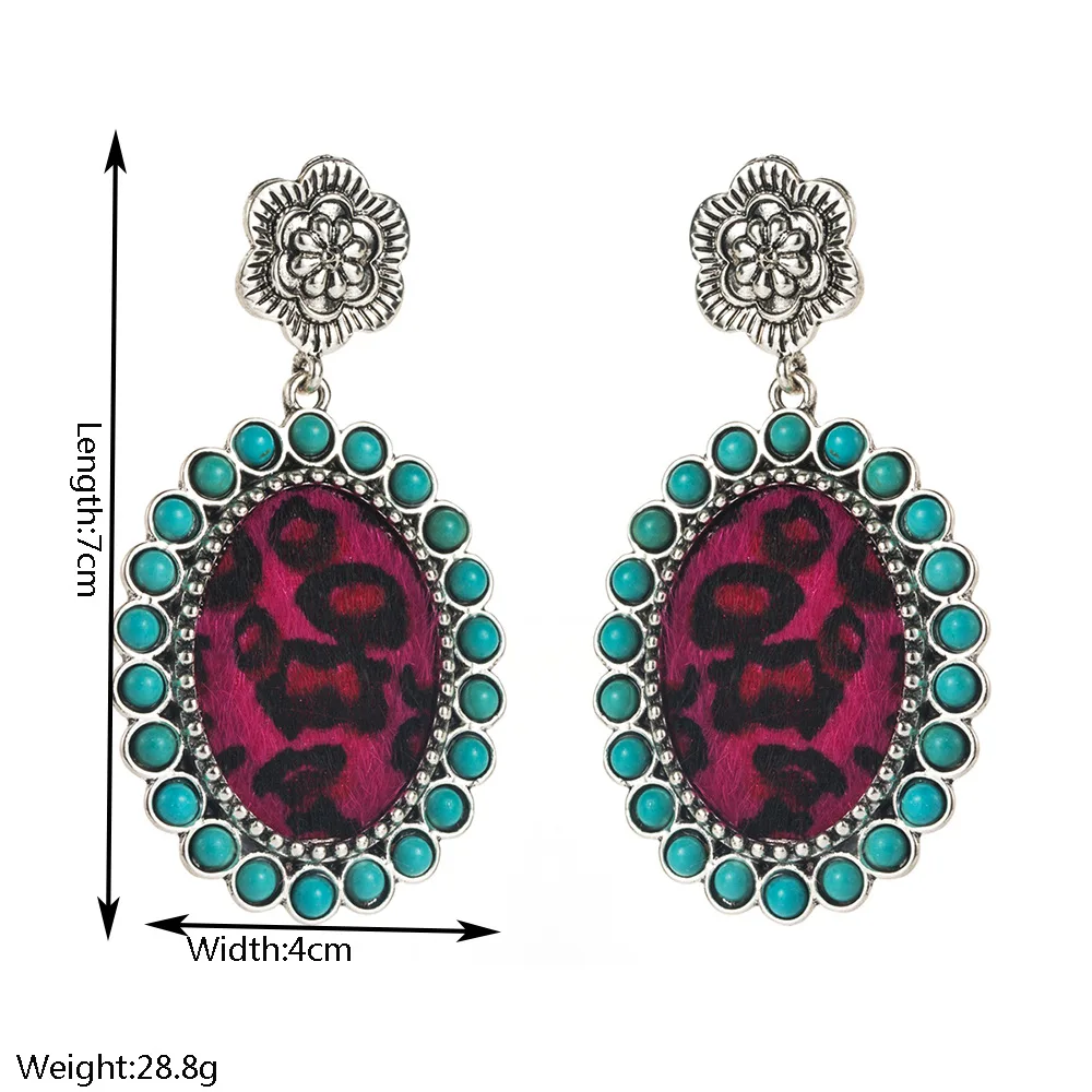 Hot-selling western ethnic style earrings, retro court style with turquoise leopard print leather exaggerated personality earrin