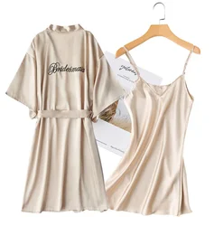 2 Pcs Nighty&Bathrobe Sets Bride Bridesmaid Wedding Robe Gown Womens Lingerie Sleepwear With Belt Nightgown Loose Kimono