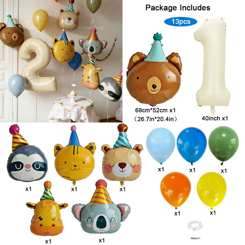 1Set Circus Animals Theme Balloon Birthday Hat Bear Koala Cat Deer Foil Balloons Cream Number Birthday Party Atmosphere Decorati - view 2