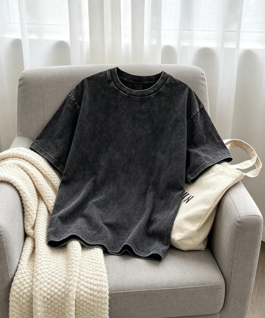 Hochwertiges Oversize-Herren-Sommer-T-Shirt aus Baumwolle, Vintage-Waschung, Kurzarm, Locker Geschnitten, Streetwear, Kurzarm-Oberteil – Detail 3