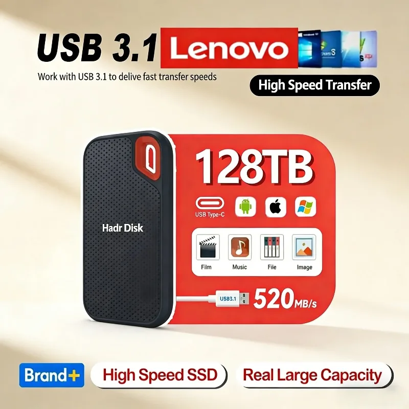 

Высокоскоростной внешний твердотельный накопитель Lenovo 256 ТБ, портативный мобильный SSD 1 ТБ, внешний жесткий диск для ноутбуков/MAC/ПК