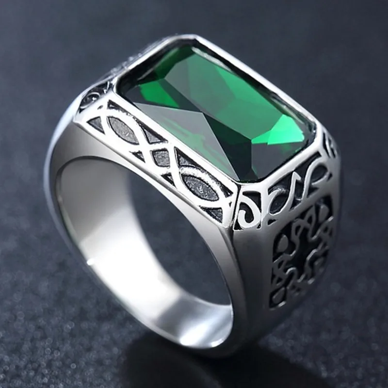 Vintage Square Emerald Green Gemstones Rings for Men Titanium Stainless Steel Viking Finger Bands Cool Masculine Accessories