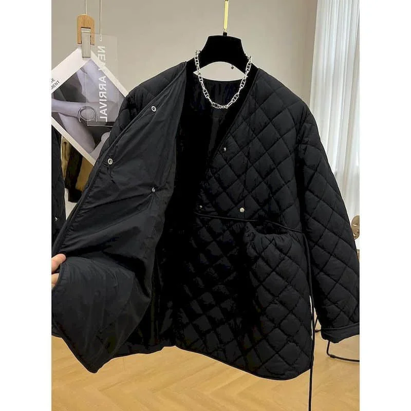 Pop Quilted Coats Women Rhombic Lightweight Cotton Added Korean Style V-neck Lace-up Jackets Casual Vintage Winter Clothes Women