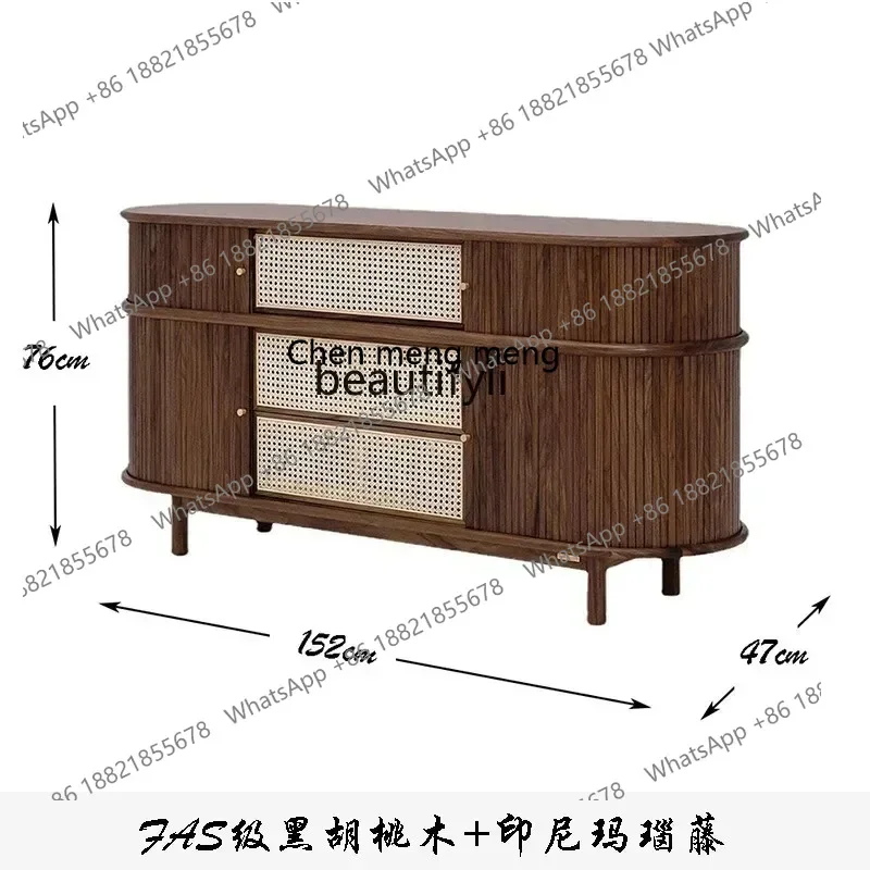 P178 Nordic Solid Wood Rattan Sideboard Cabinet Small Apartment Vintage Rolling Door Entryway Cabinet Homestay Drawer Storage Ca