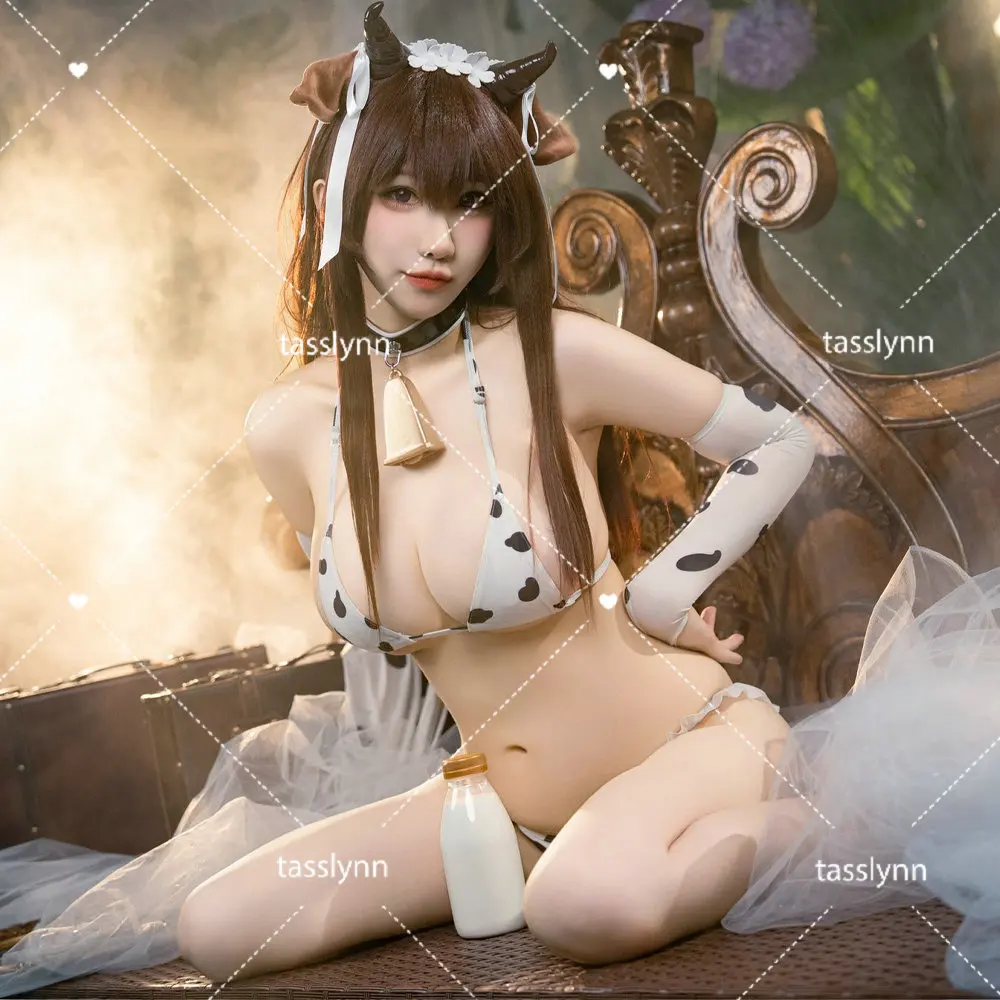 

Azur Lane IJN Kashino Cosplay Costumes Cow Maid Kashino Cow Bikini Set Halloween Costumes for Women Small Bell Summer Swimsuit