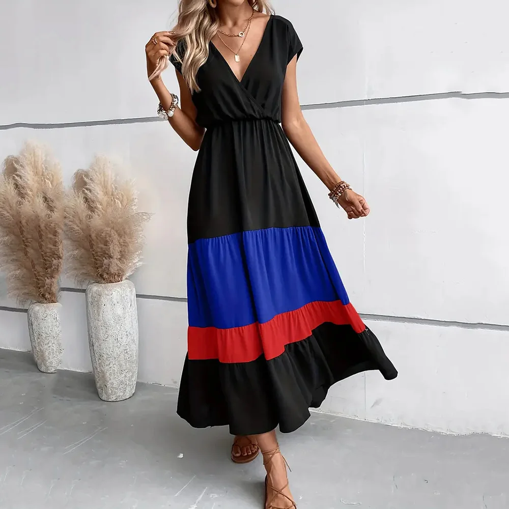 Black Color Block Short Sleeve V Neck Pleater Long Dress Women Summer Casual Polo Collar Flowy Maxi Dresses Vacation 2024 Wear