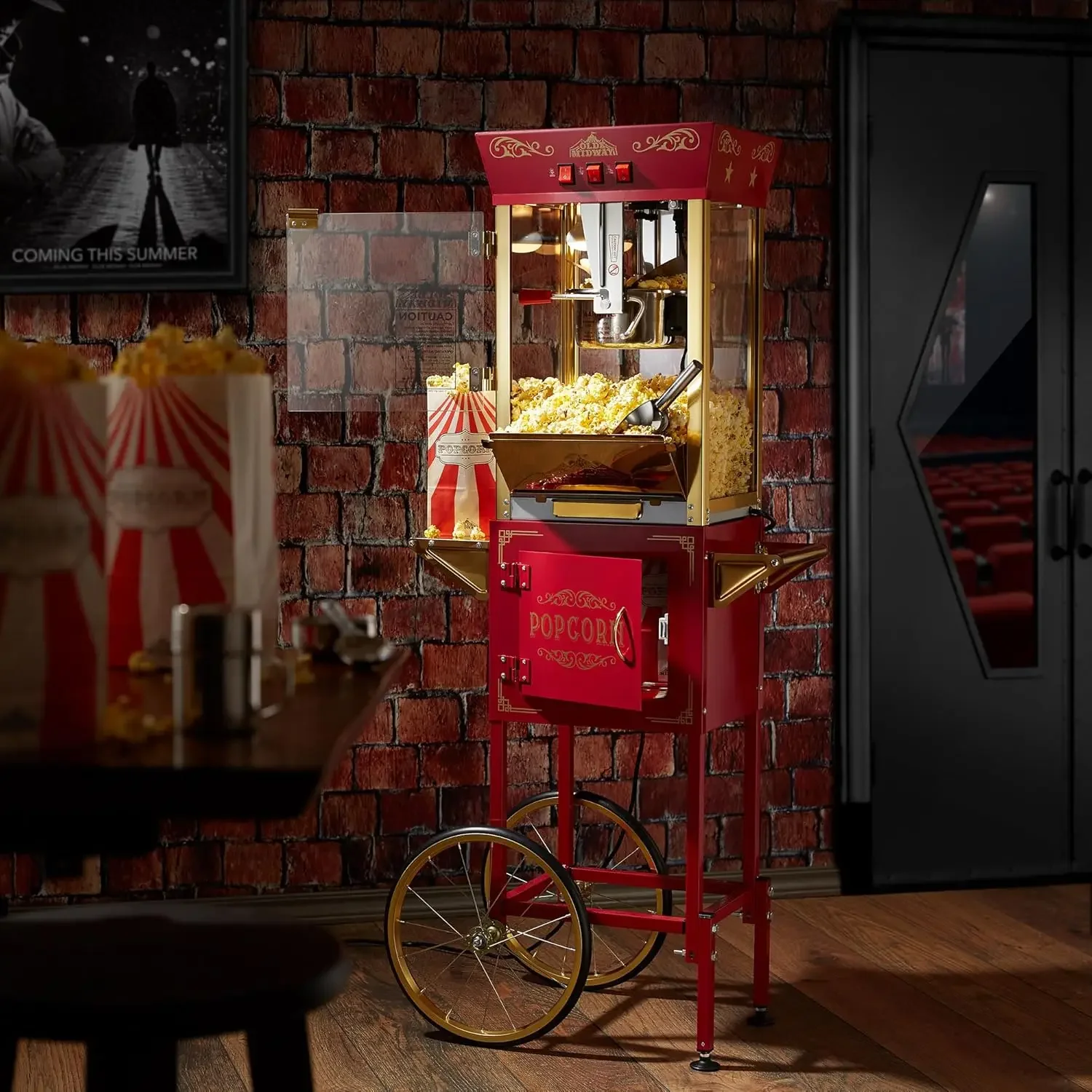 Midway Movie Theater-Style Popcorn Machine Maker with Cart and 10-Ounce Kettle - Red, Vintage-Style Popper on Wheels