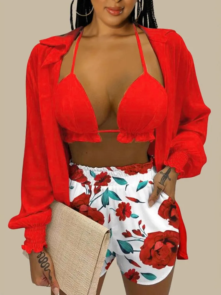 Set da 3 pezzi Sexy 2025 Estate Primavera Moda Donna Set Camicia a maniche lunghe con fiori femminili Top e pantaloncini Abito coordinato