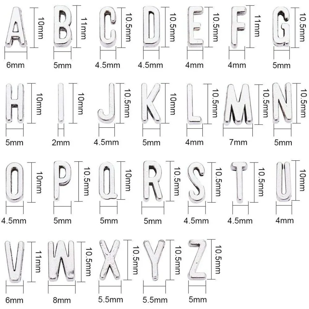 130pcs Alphabet A-Z Slide Charms Alloy Letters Slide Beads Charms for DIY Craft Flat Bracelet Wristbands Necklace Choker