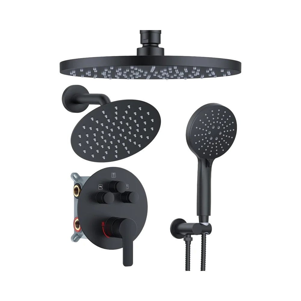 

Matte Black Stainless Steel Shower Faucet Set-Modern Wall Mount System Dual Handle Pressure Balance Valve 2 Rain Heads Handheld