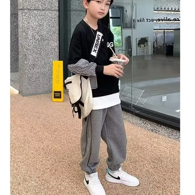 Autumn Boys Letter Printed Thicken Warm Long Pants Side Splicing for Teenager Casual Loose Pant Trousers Children Harem Pants