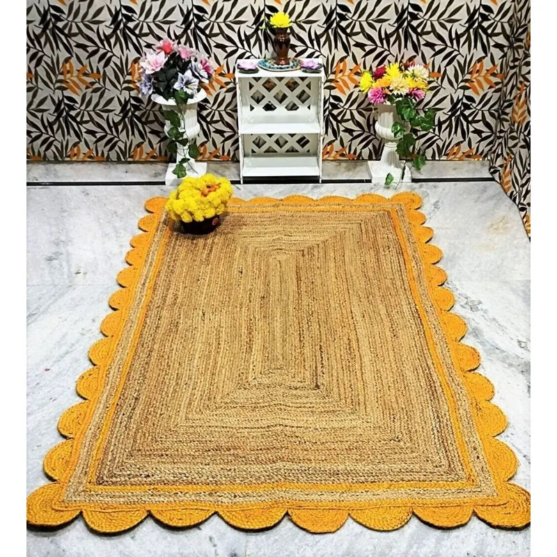 Jute Rug Natural Fiber Jute Braided Style Scallop Design Rectangle Area Rug