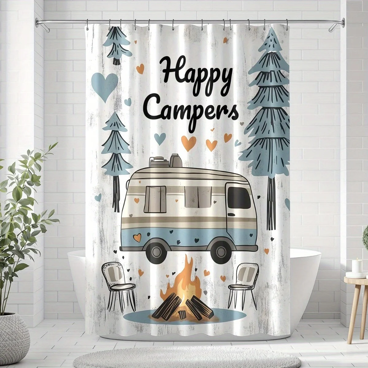 happy campers shower curtain with camper van fire pit pine trees rustic vintage style bathroom decor with hooks easy to care for