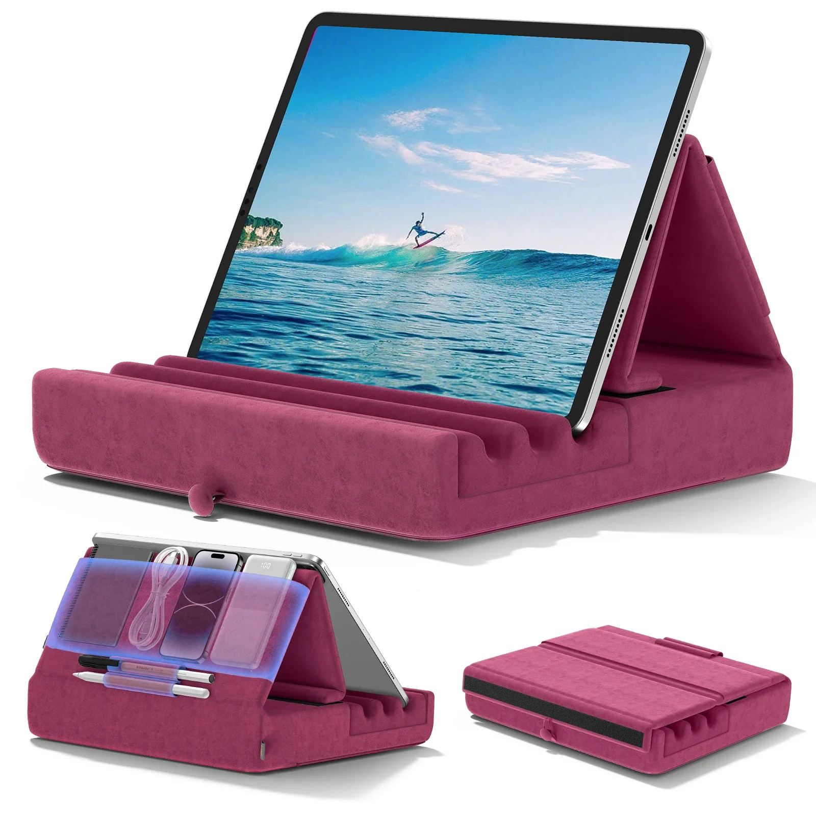 Tablet Pillow Holder Foldable iPad Stand for Lap Bed and Desk Tablet Soft Pad Dock with Pocket