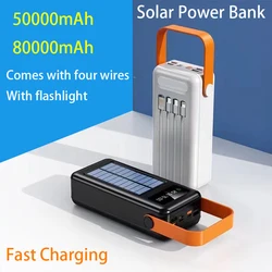 Fast charging 50000mAh 80000mAh Solar Panel Power Bank Comes with Four Wire External Battery Pack with Flashlight For Camping