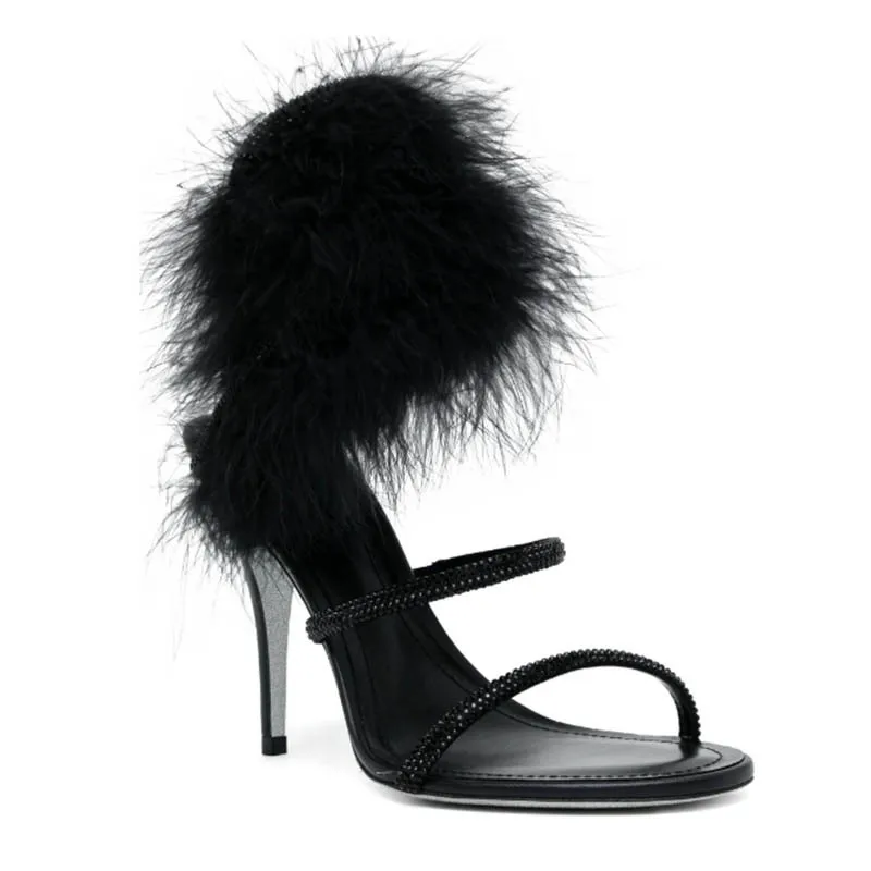 Pink fur ankle warp crystal high heels sandals black summer new in glitter snake luxury designer women's party wedding shoes view 5
