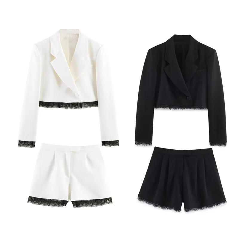 2026 Y2K Spring Women Sets Lace Patchwork Long Sleeve Short Blazer Casual Jacket Lace Wide Leg Shorts Suits