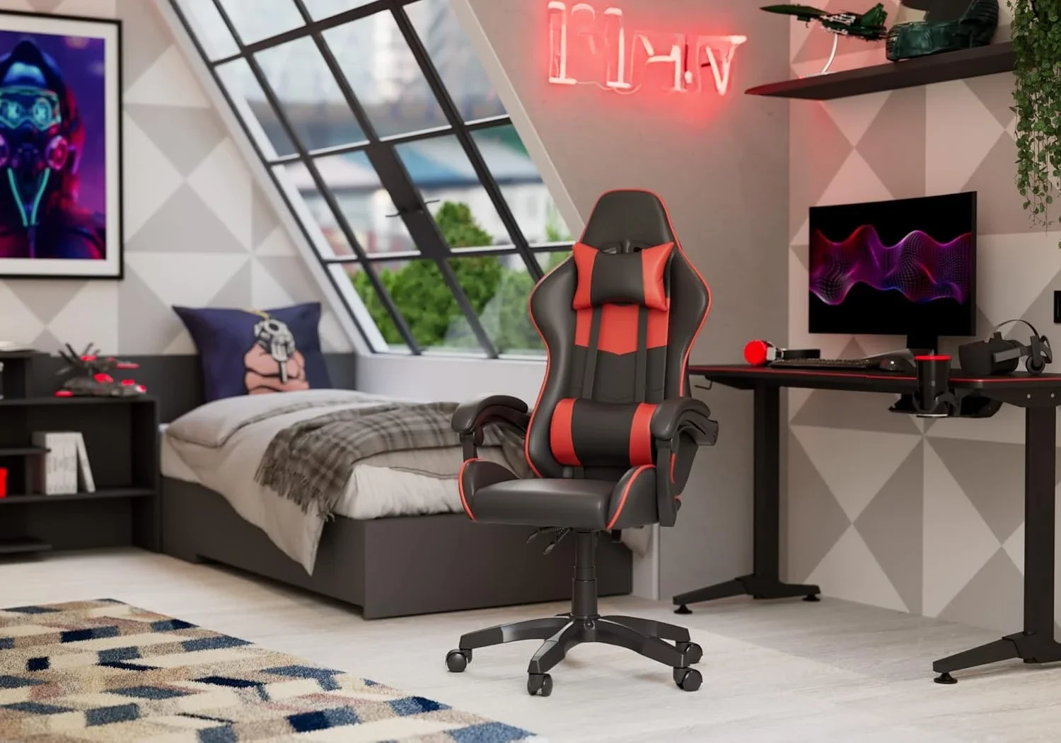 Silla Gaming,Silla Ergonómica de Oficina en Cuero PU,Regulable en Altura con Soporte Lumbar y Reposacabezas,Silla Gamer