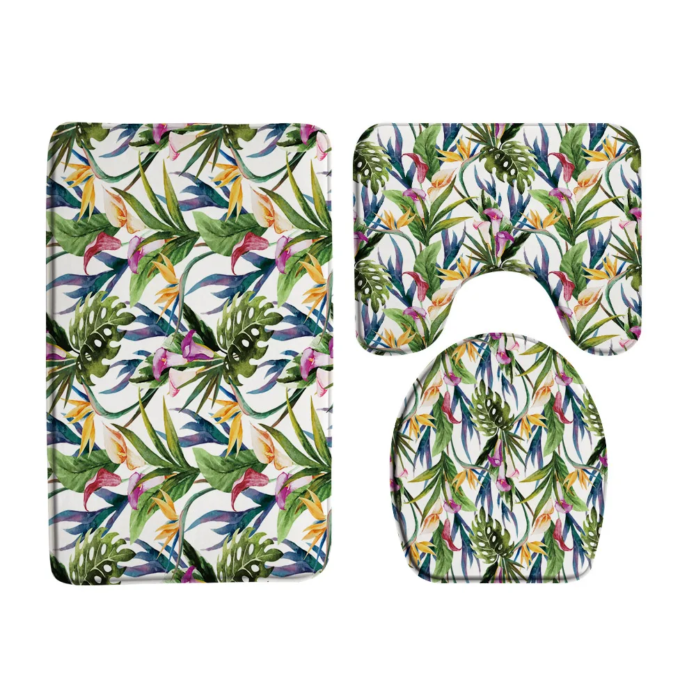 3Pcs Bath Rug Sets Toilet Seat Cover Tropical Plant Green Banana Leaves Contour Carpet Pedestal Mat Non-Slip Bathroom Floor Mat