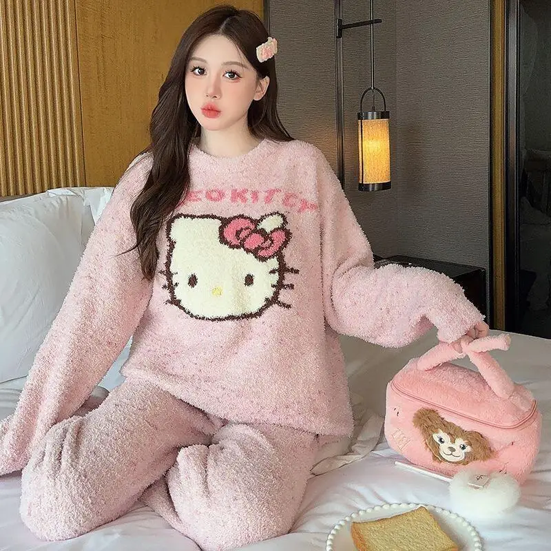 

Hot Sanrio Hello Kitty Plush Pajamas Set Anime Kawaii Cartoon Cinnamoroll Print Comfortable Cute Girl Flannel Home Clothes 2Pcs