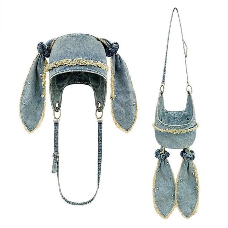 

New Trendy Japanese Rough Edge Rabbit Ear Denim Pullover Hat Men Women Spring Summer Personality Trend Rivet Skull Beanie Caps