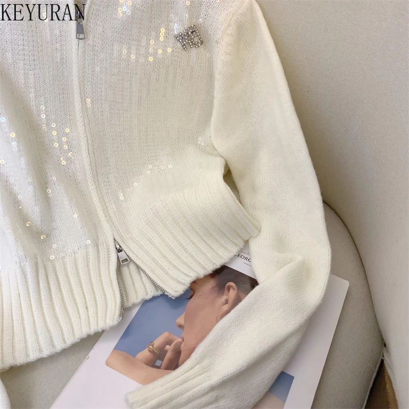 French Elegant White Sequins Zipper Knitted Cardigan Sweater Women Autumn Winter Korean Fashion O-Neck Long Sleeve Knitwear Tops