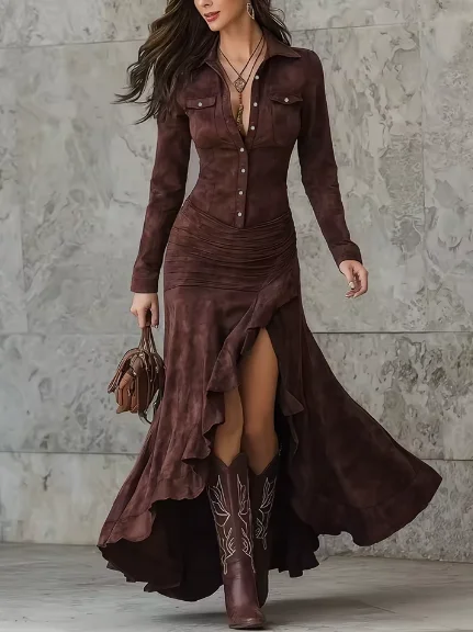 

Women Dress 2026 Spring New Solid Color Turn-Down Collar Long Sleeve Irregular Ruffles Hem Cinched Waist A-Line Long Dress