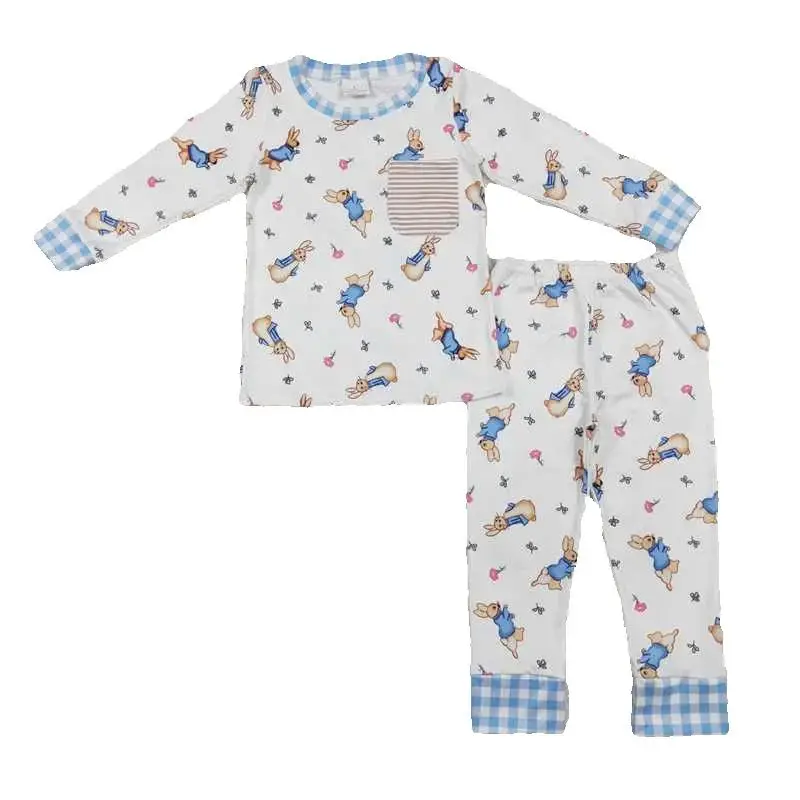 

BLP1046 Easter Bunny striped pocket white long sleeve pant pajama set