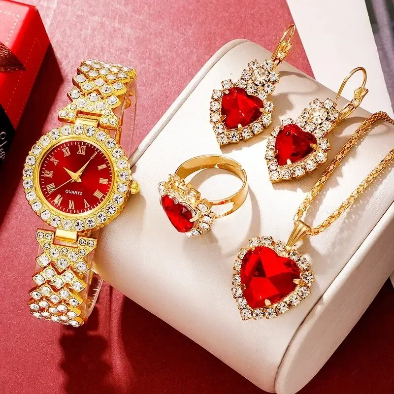 Relojes de lujo dorados, anillos para mujer, collares, pendientes, diamantes de imitación, relojes de moda, pulseras informales para mujer, relojes, je