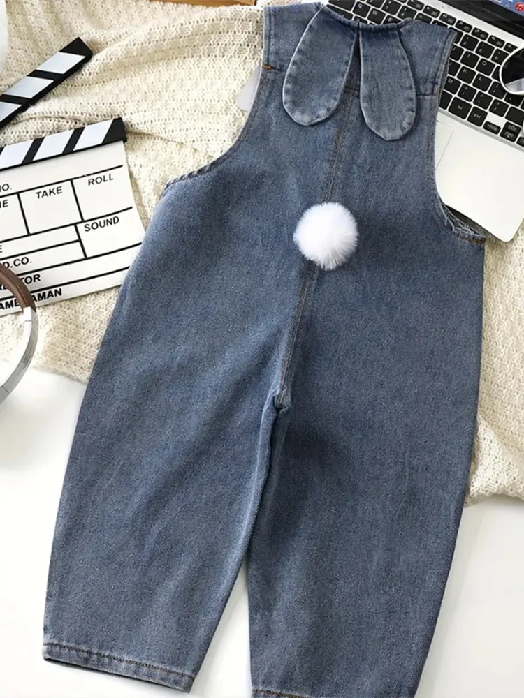 

Cute Trendy Overalls for Baby Children Bunny Tails and Ears Boys and Girls Soft Loose Denim Suspenders Pants Outdoor Trousers