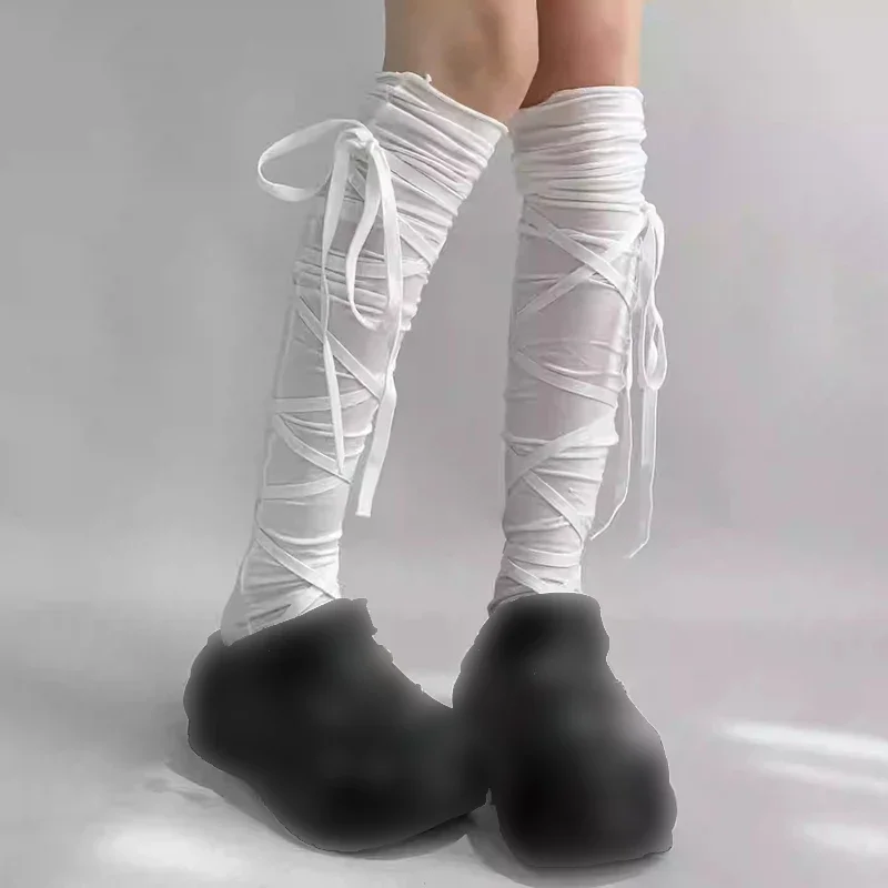 Women's Punk Strappy Ballet Calf Socks Gothic Lolita Tie-Leg Stockings with Bow Accents Japanese Jk Cosplay Knee-High Thin Socks