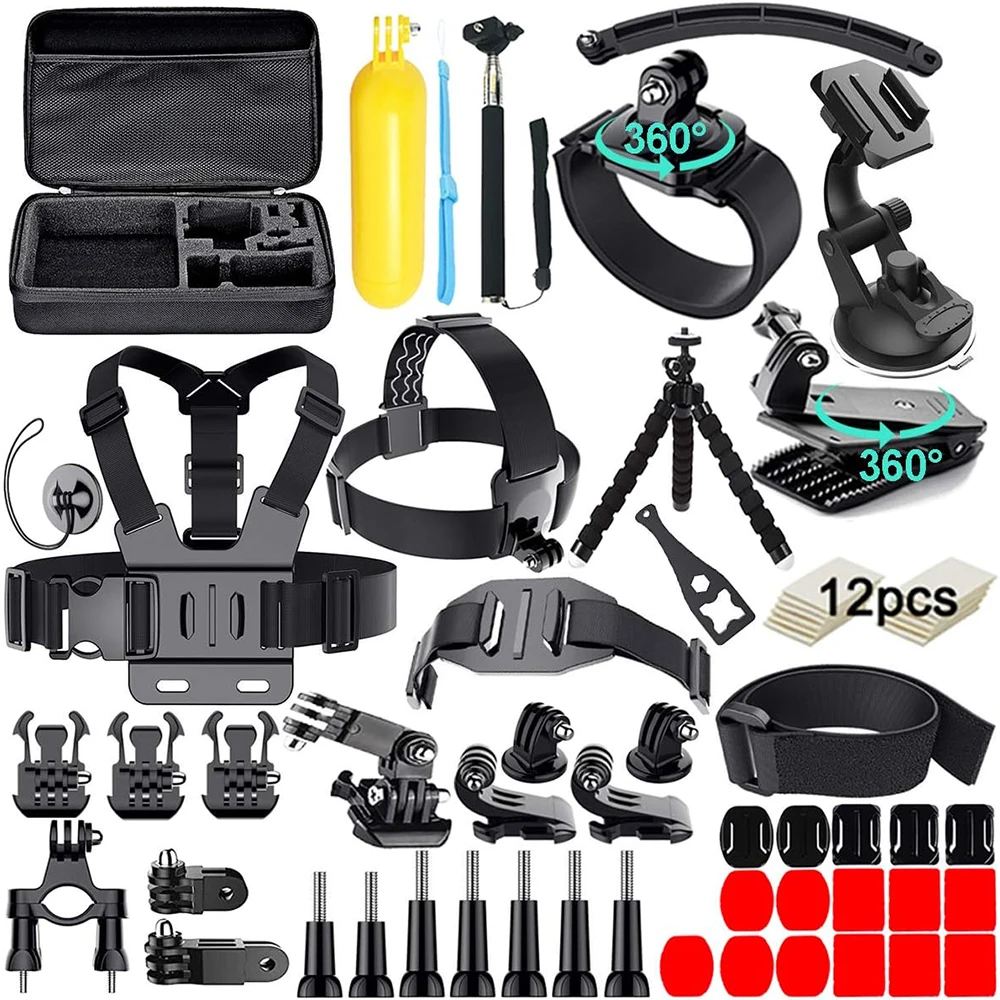 gopro-hero-13、12、11、10、9、8、gopro-max、insta360、dji-osmo-action、akaso-apeman、sjcamに対応する、61種類のアクセサリーがセットになったアクションカメラ用キット。