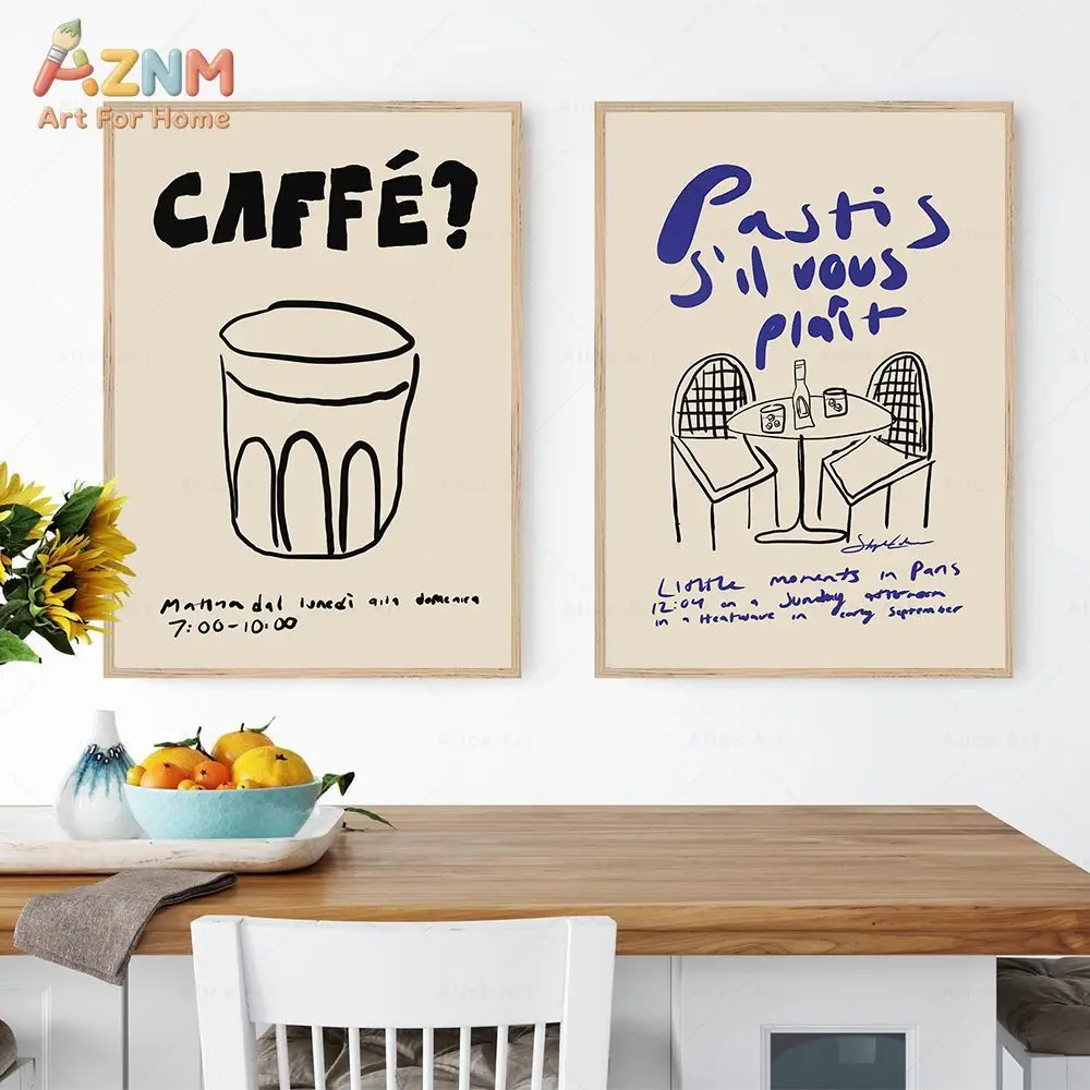 AZNM French Retro Canvas Wall Art Coffee Wine Cup Hand Drawn Line Art Text Print Frameless Canvas Painting Kitchen Dining Room H