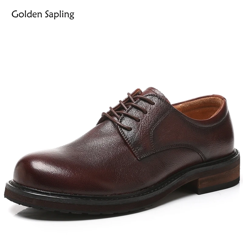 Golden Sapling Newest Brown Men's Dress Shoes Fashion Wide Toe Cowhide Oxfords Genuine Leather Male Party Working Formal Shoes