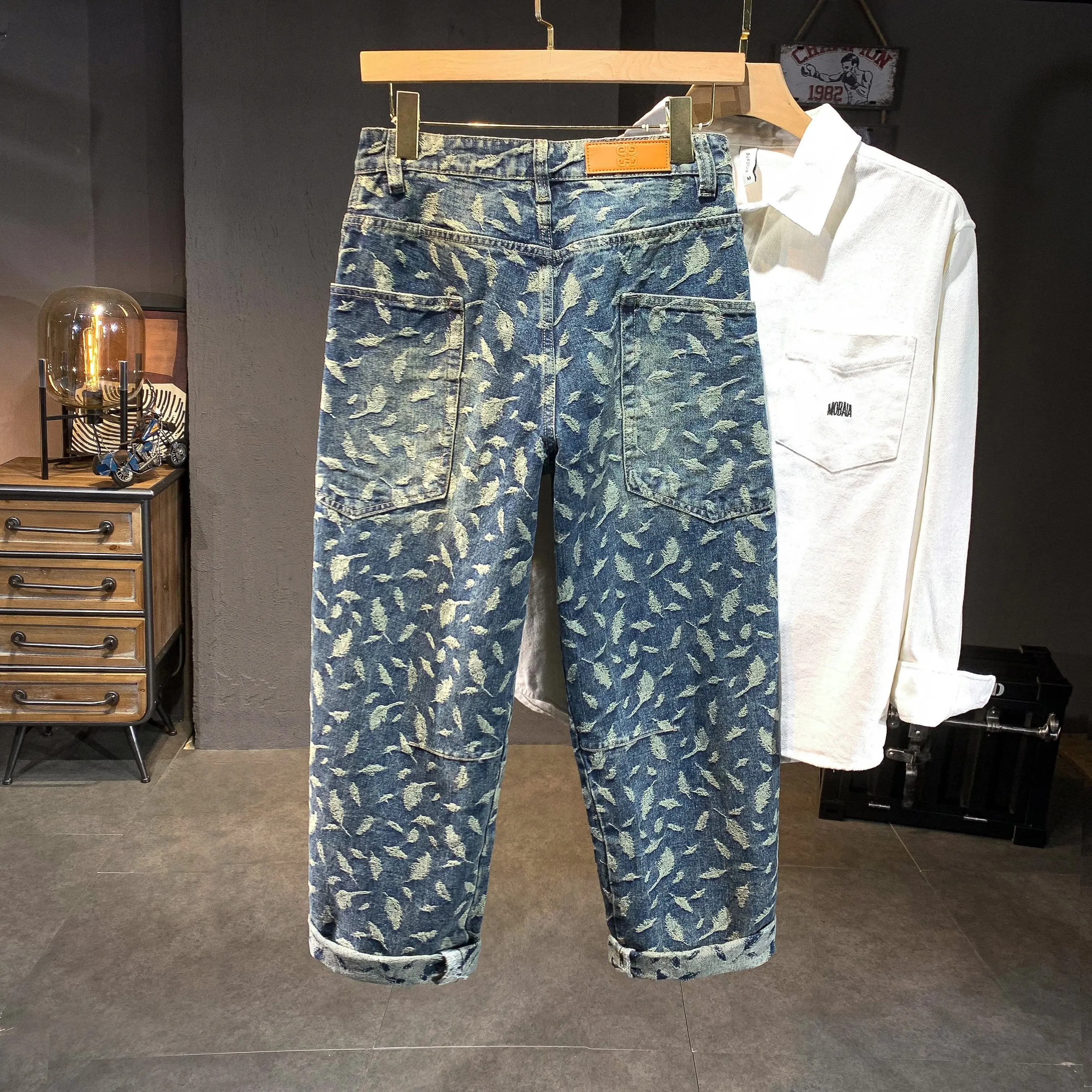 بنطال جينز جاكار أوروبي للرجال متعدد الحقائب فضفاض واسع الساق للرجال