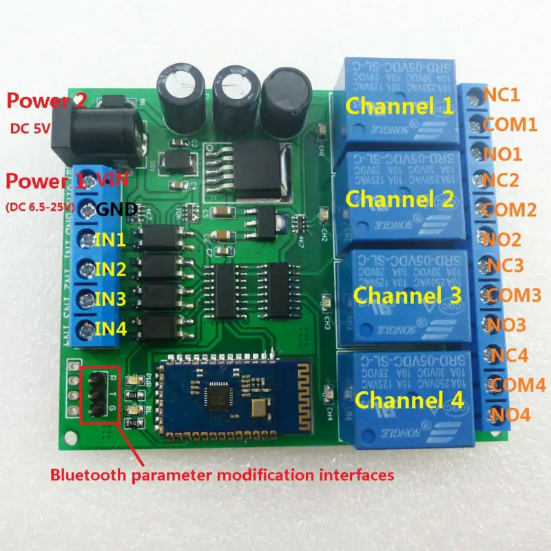 

Smart Home Control: 4CH Bluetooth Relay with Android App for DC 5V-24V Motor, LED, Car Access"